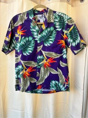 Vintage Paradise Style Hawaiian Tropical Purple Button Down Shirt Small